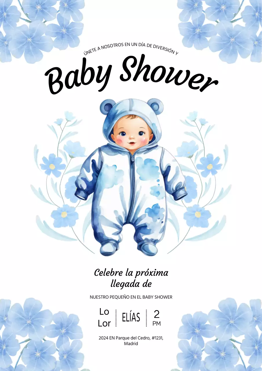 Invitación de baby shower con ilustración caprichosa en azul cielo y blanco