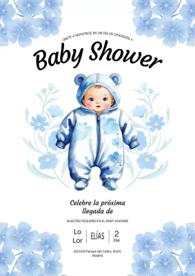 Invitación de baby shower con ilustración caprichosa en azul cielo y blanco