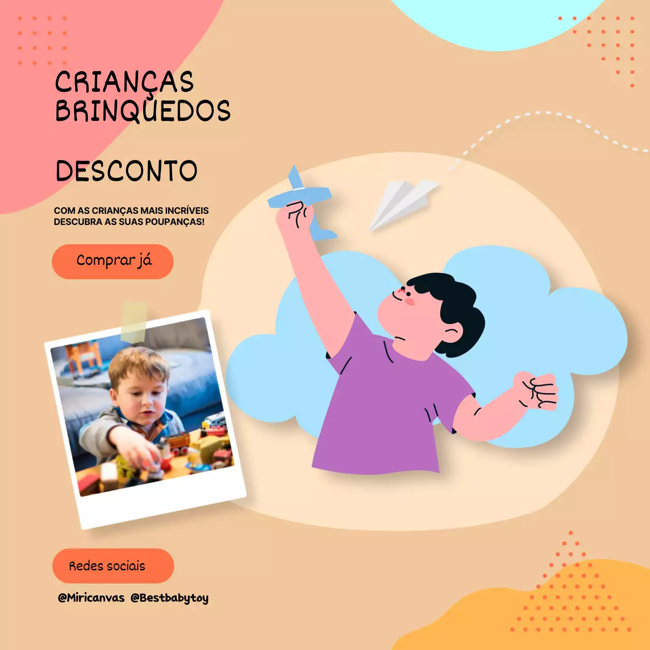 Anúncio moderno de brinquedos para bebés em azul celeste e laranja
