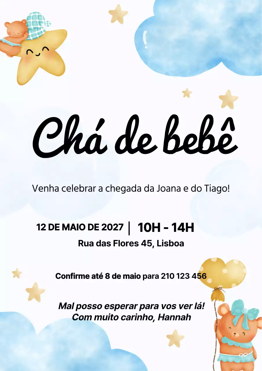 Convite de celebração do chá de bebé moderno azul e branco