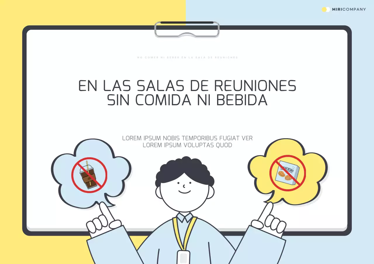 Aviso de comportamiento prohibido en la bonita sala de reuniones amarilla y azul claro