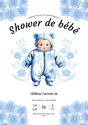 Bleu ciel et blanc Illustration fantaisiste Invitation Baby Shower