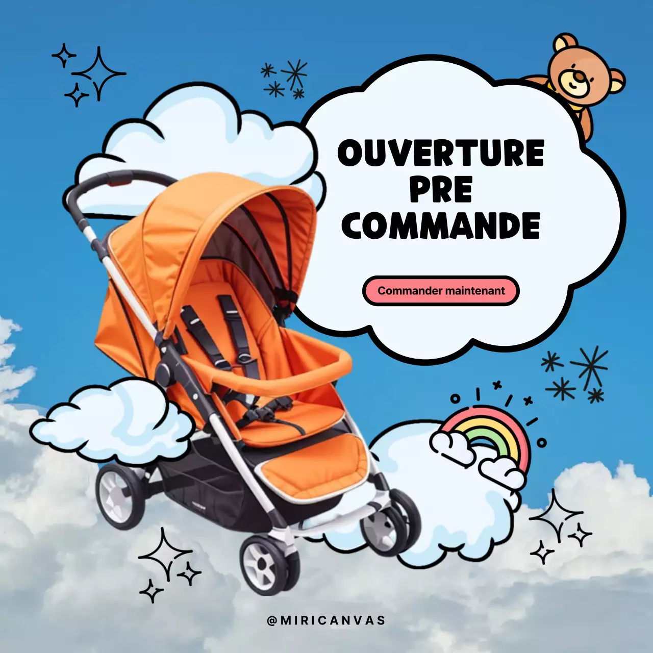 Flyer de pré-commande pour l'équipement moderne de bébé bleu et orange