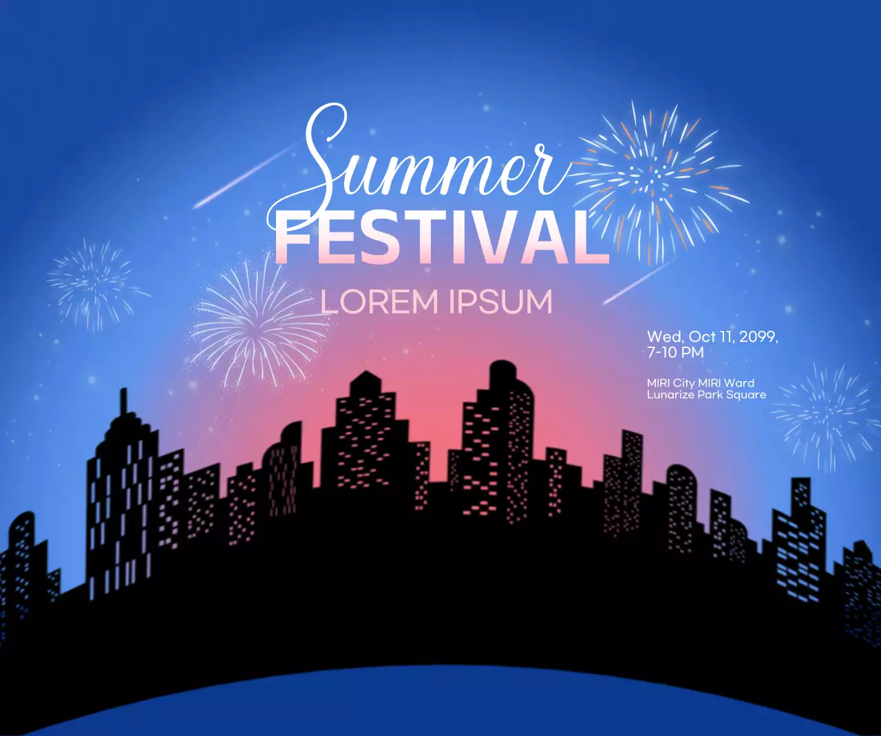 Conceito de fogo de artifício no céu noturno em gradientes pretos e azuis