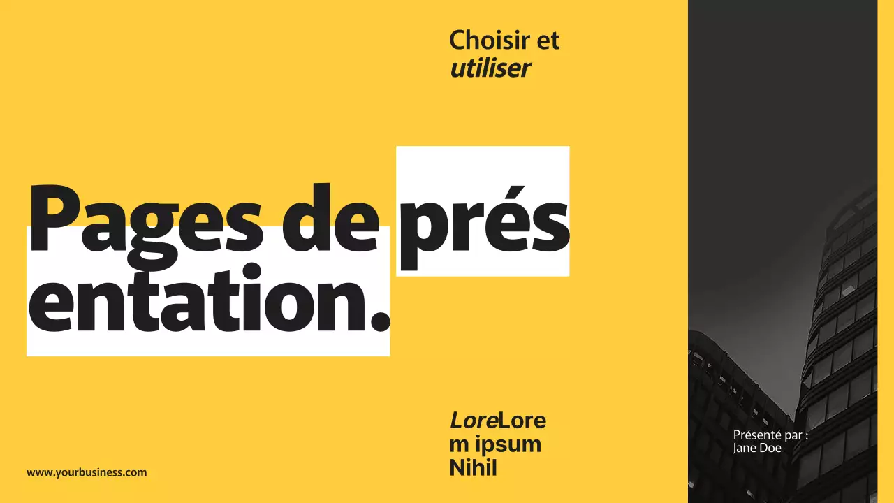 Pages de présentation d'entreprise modernes, noires et jaunes, avec différentes mises en page