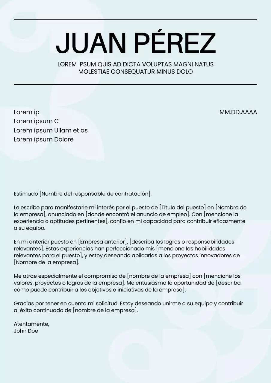 Carta de presentación de empleado con currículum mínimo en azul y negro