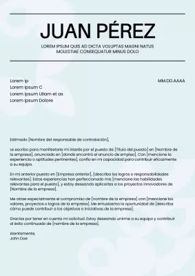 Carta de presentación de empleado con currículum mínimo en azul y negro