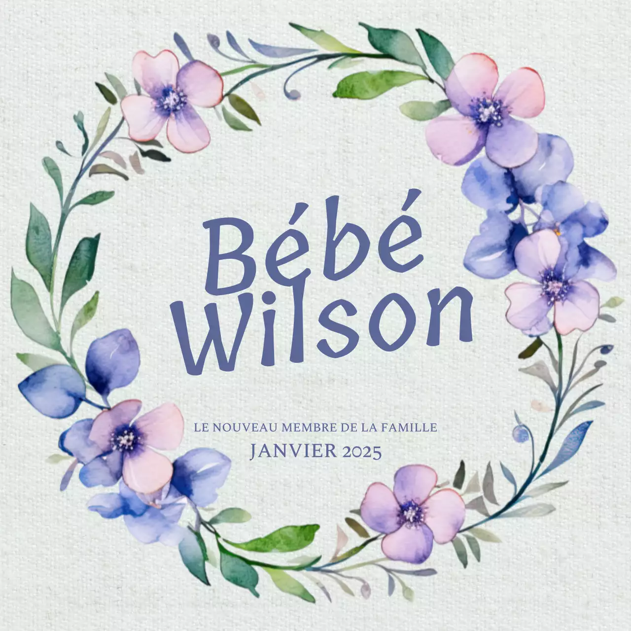 Annonce de bébé Wilson à fleurs bleues et violettes