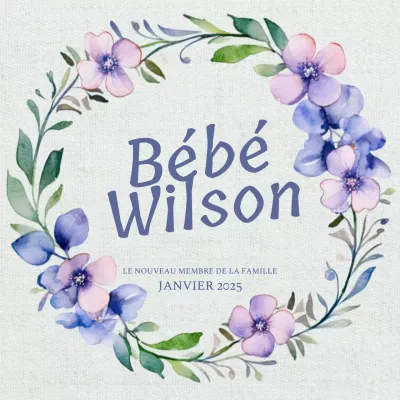 Annonce de bébé Wilson à fleurs bleues et violettes