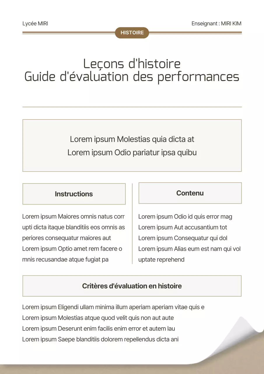 Guide d'évaluation de la performance de l'histoire simple en marron et blanc