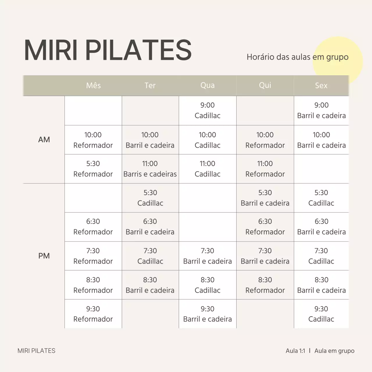 Horário das aulas de grupo de Pilates moderno em bege e amarelo
