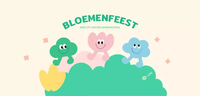 Een vrolijk gekleurd bloemenfestival met schattige figuurtjes en bloemen, wolken en gras