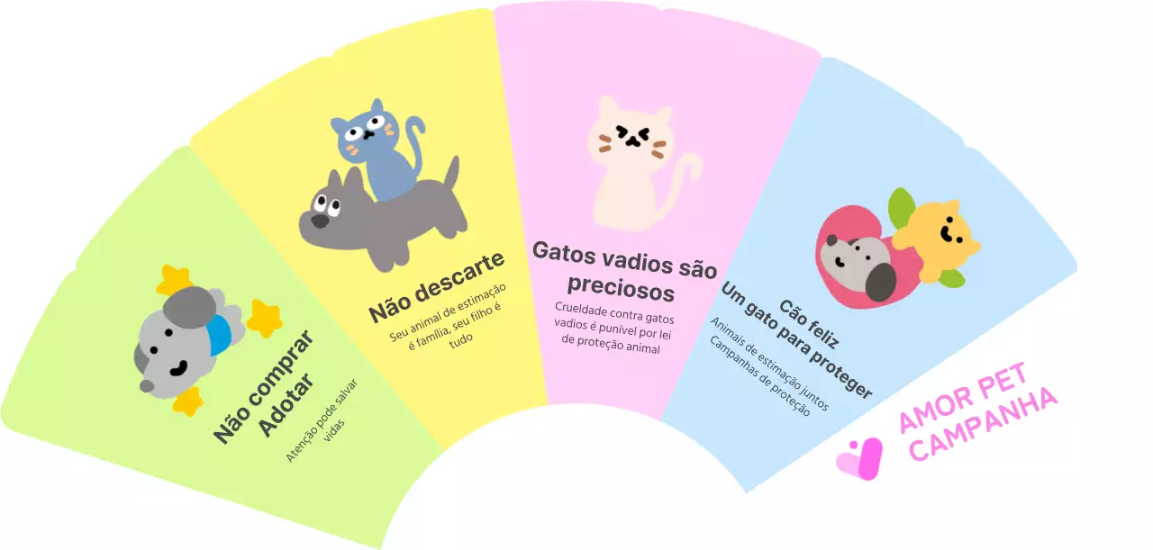 Campanha de defesa dos animais de estimação com ilustrações de animais e muita cor