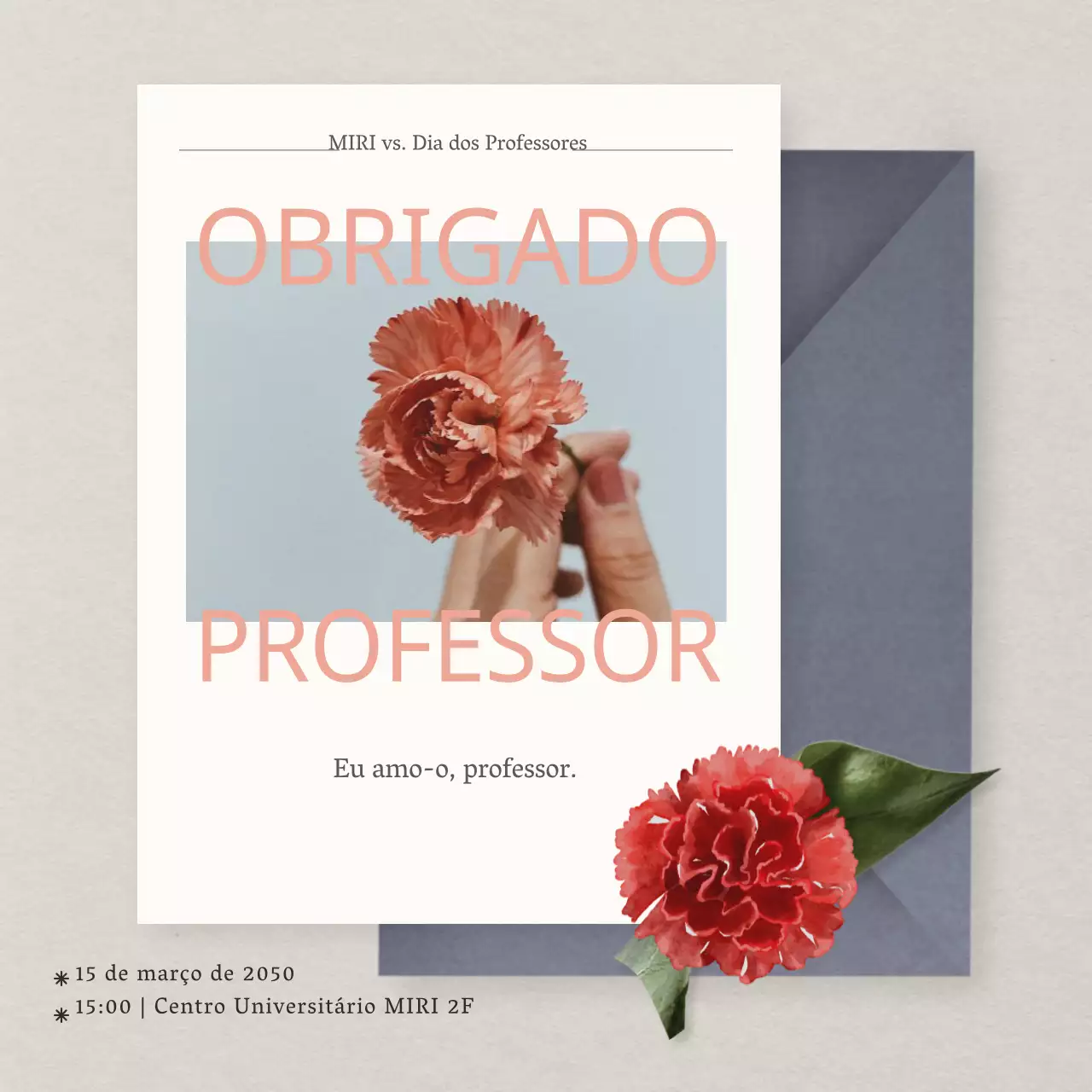 Convite simples para o Dia do Professor em marfim e azul claro