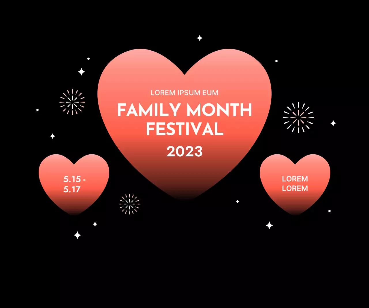 Desenho de um festival com corações em degradé sobre um fundo preto