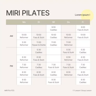 Stundenplan für moderne Pilates-Gruppenkurse in Beige und Gelb