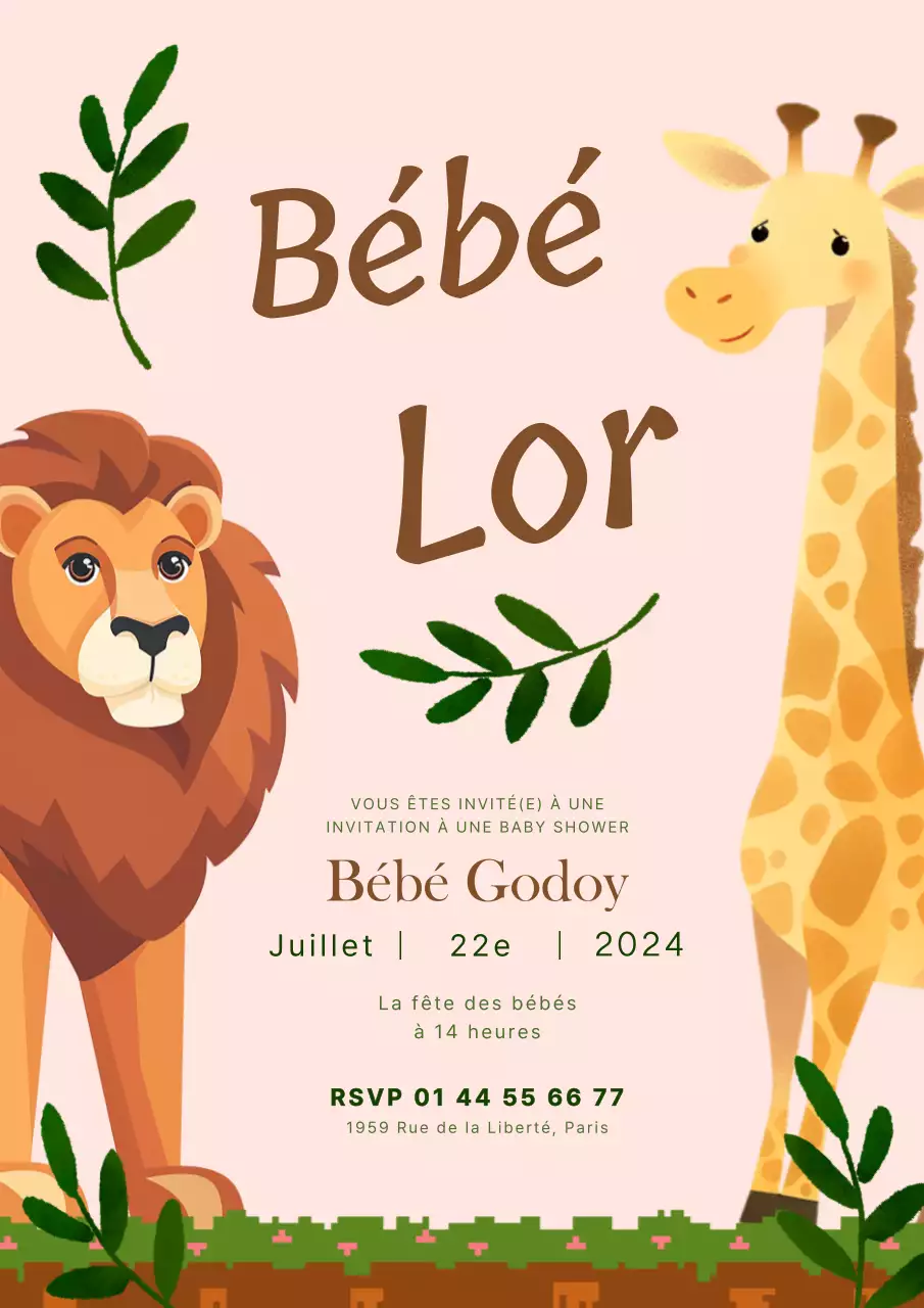 Invitation à la fête de bébé Safari marron et vert