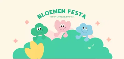 Een vrolijk gekleurd bloemenfestival met schattige figuurtjes en bloemen, wolken en gras