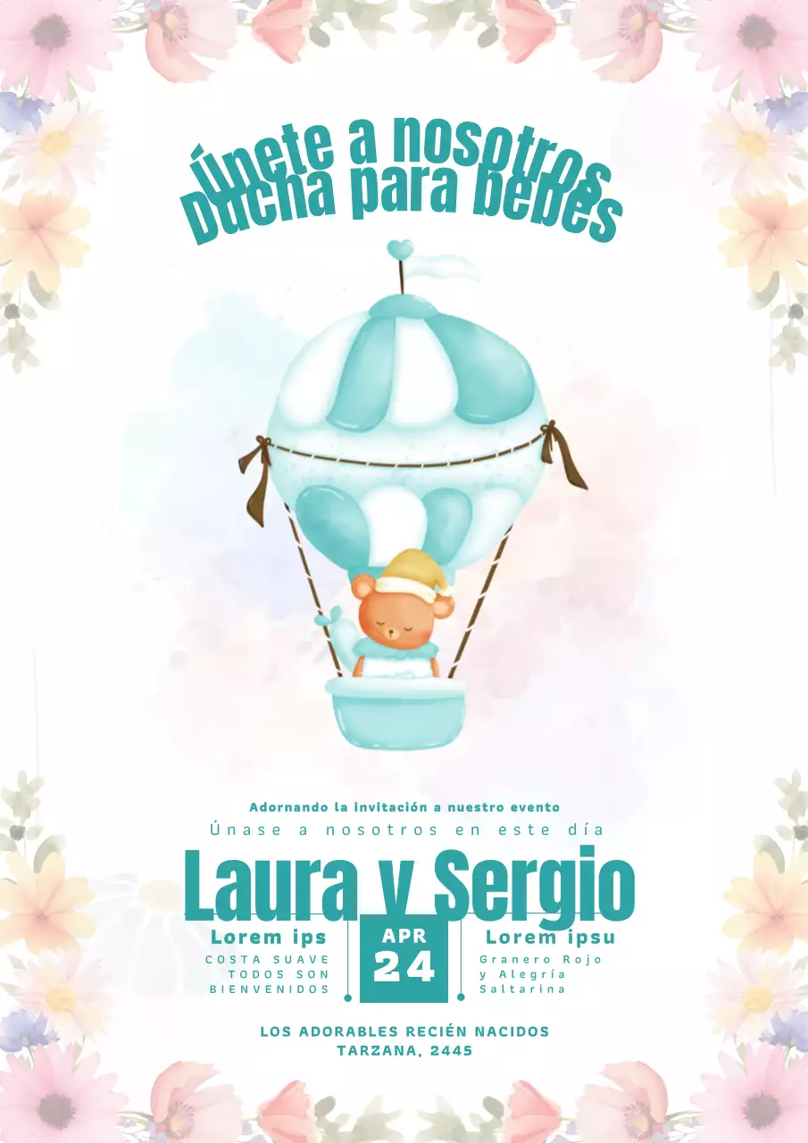  Invitación de baby shower azul cielo y melocotón