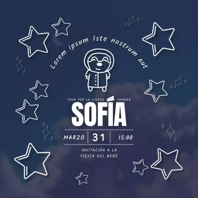 Invitación de baby shower azul y blanca con garabatos divertidos