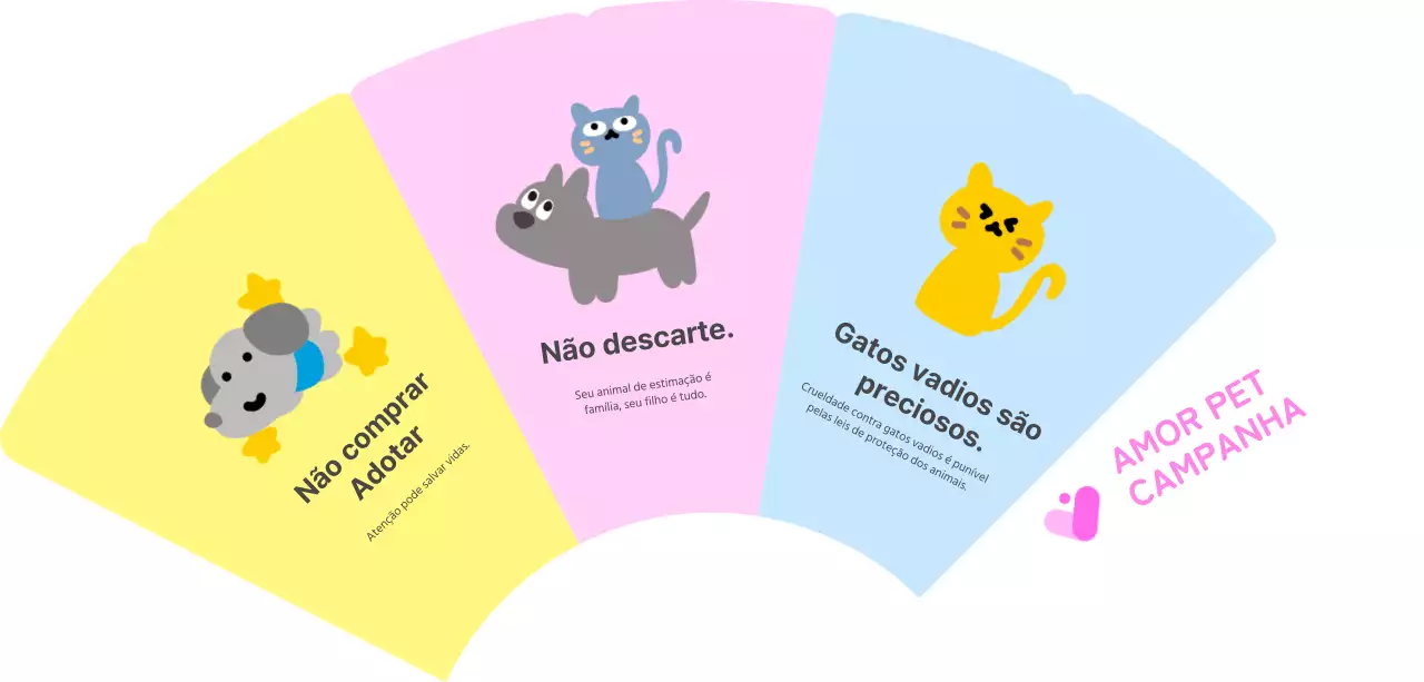 Campanha de defesa dos animais de estimação com ilustrações de animais e muita cor