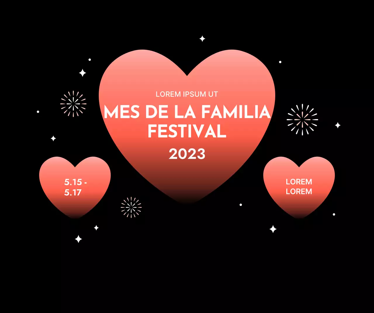 Diseño de festival con corazones degradados sobre fondo negro