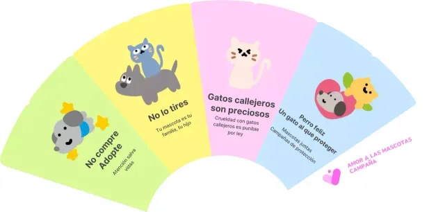 Campaña de defensa de las mascotas con ilustraciones de animales y mucho colorido