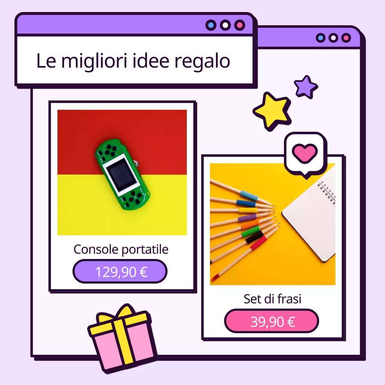 Idee regalo kitsch per la festa del bambino in viola e rosa
