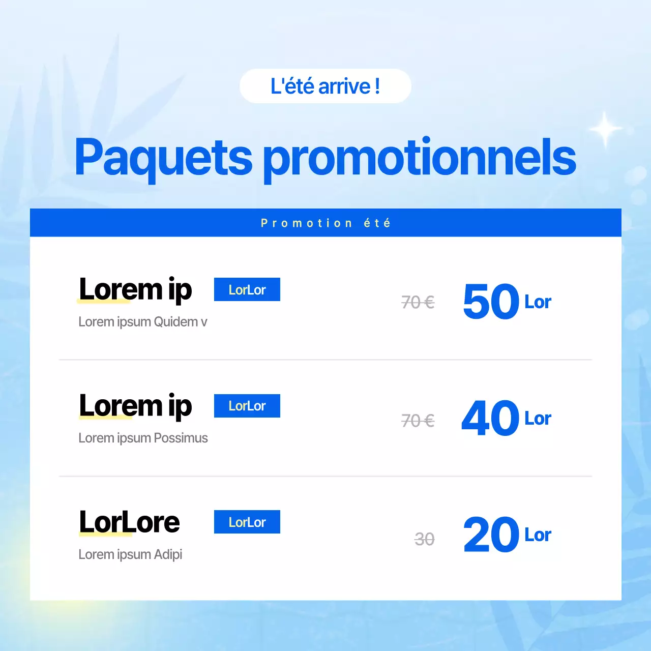 Publicité pour un traitement de beauté estival tropical en bleu clair.