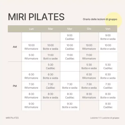 Orario delle lezioni di gruppo di Pilates moderno in beige e giallo
