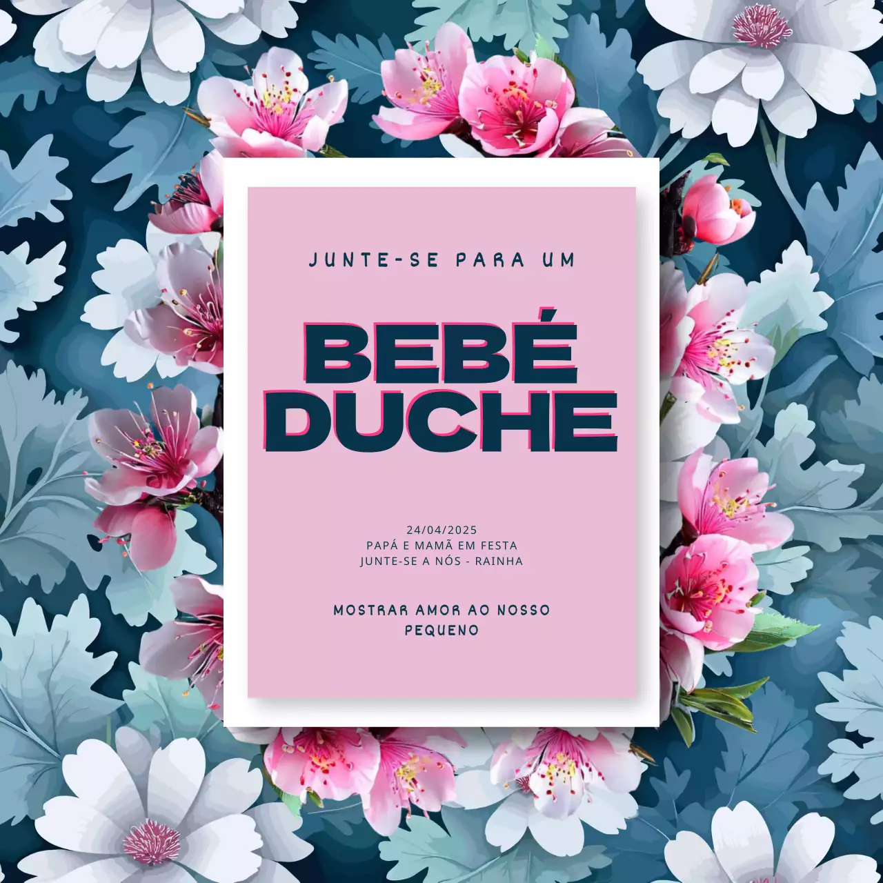 Convite de chá de bebé floral azul-marinho e cor-de-rosa