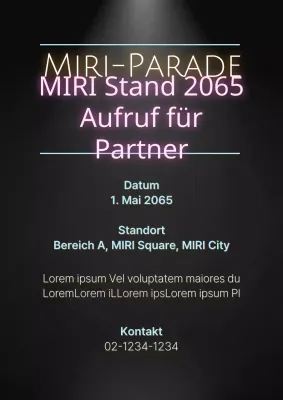 Ein einfaches schwarzes und neonfarbenes Flugblatt, das Aussteller für die Messe anwirbt