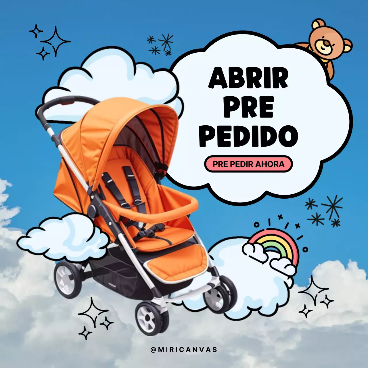 Folleto de prepedido de artículos modernos para bebés en azul y naranja