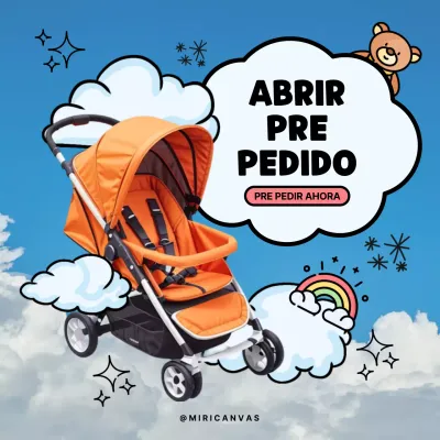 Folleto de prepedido de artículos modernos para bebés en azul y naranja