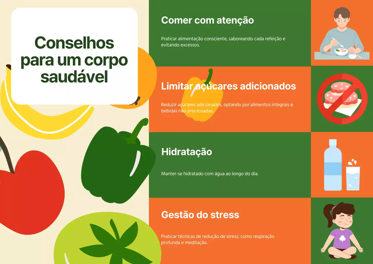 Guia de sugestões para um estilo de vida saudável verde e laranja