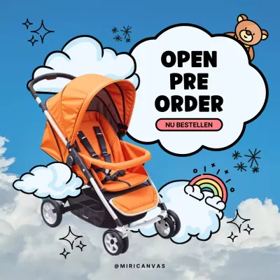 Blauw en Oranje Moderne Babyuitrusting Pre-Order Flyer