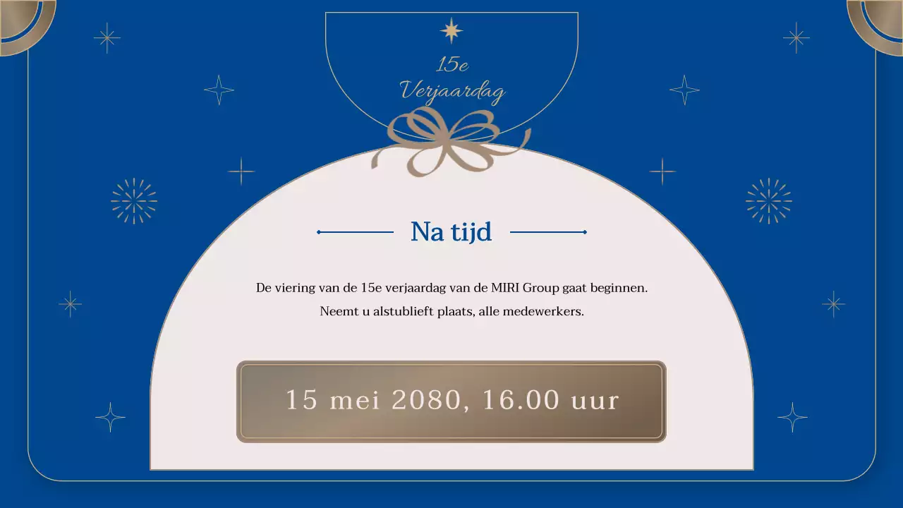 Aankondiging van een luxueus bedrijfsjubileumfeest in marineblauw en goud