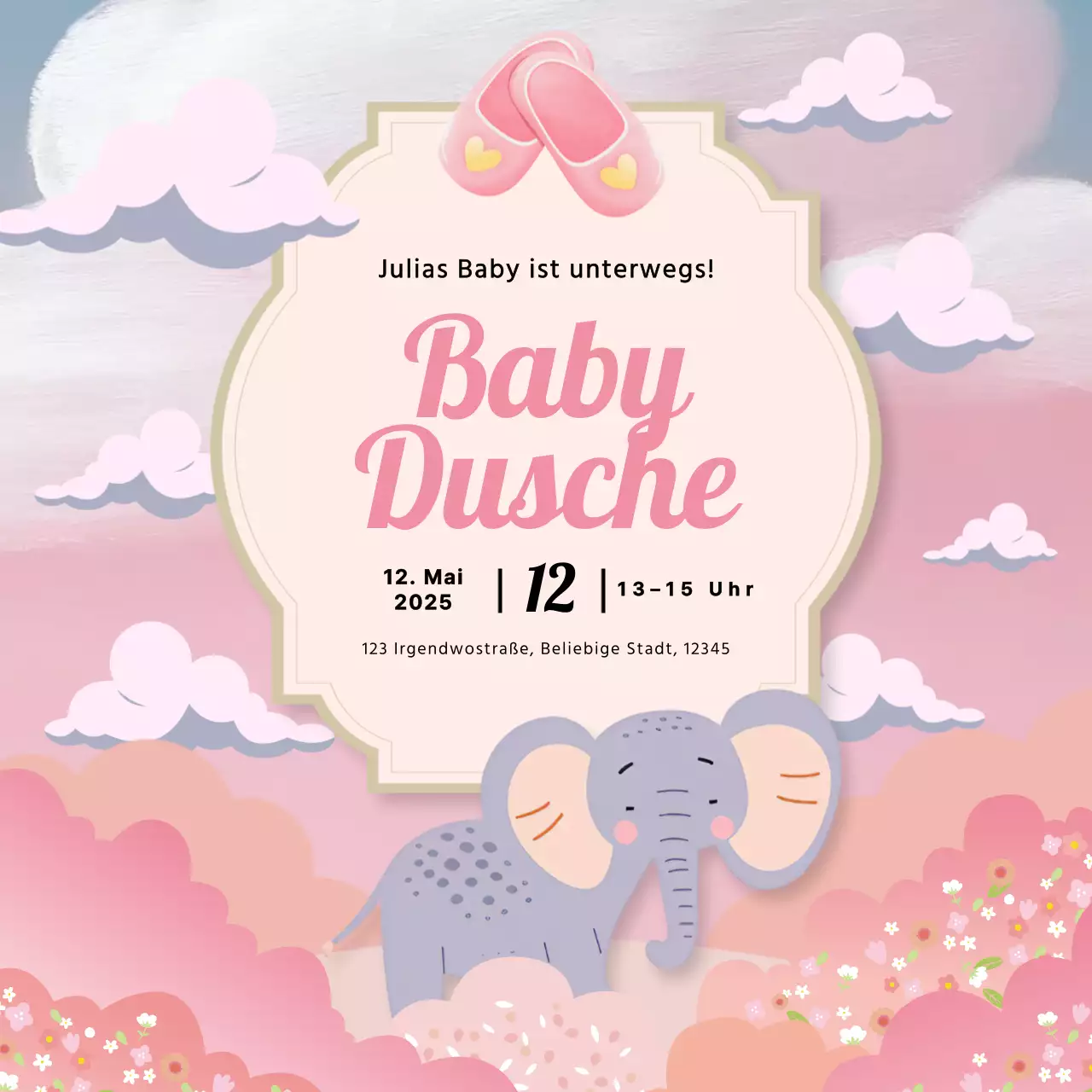 Grau und Rosa Elefant Illustration Baby Dusche Einladung