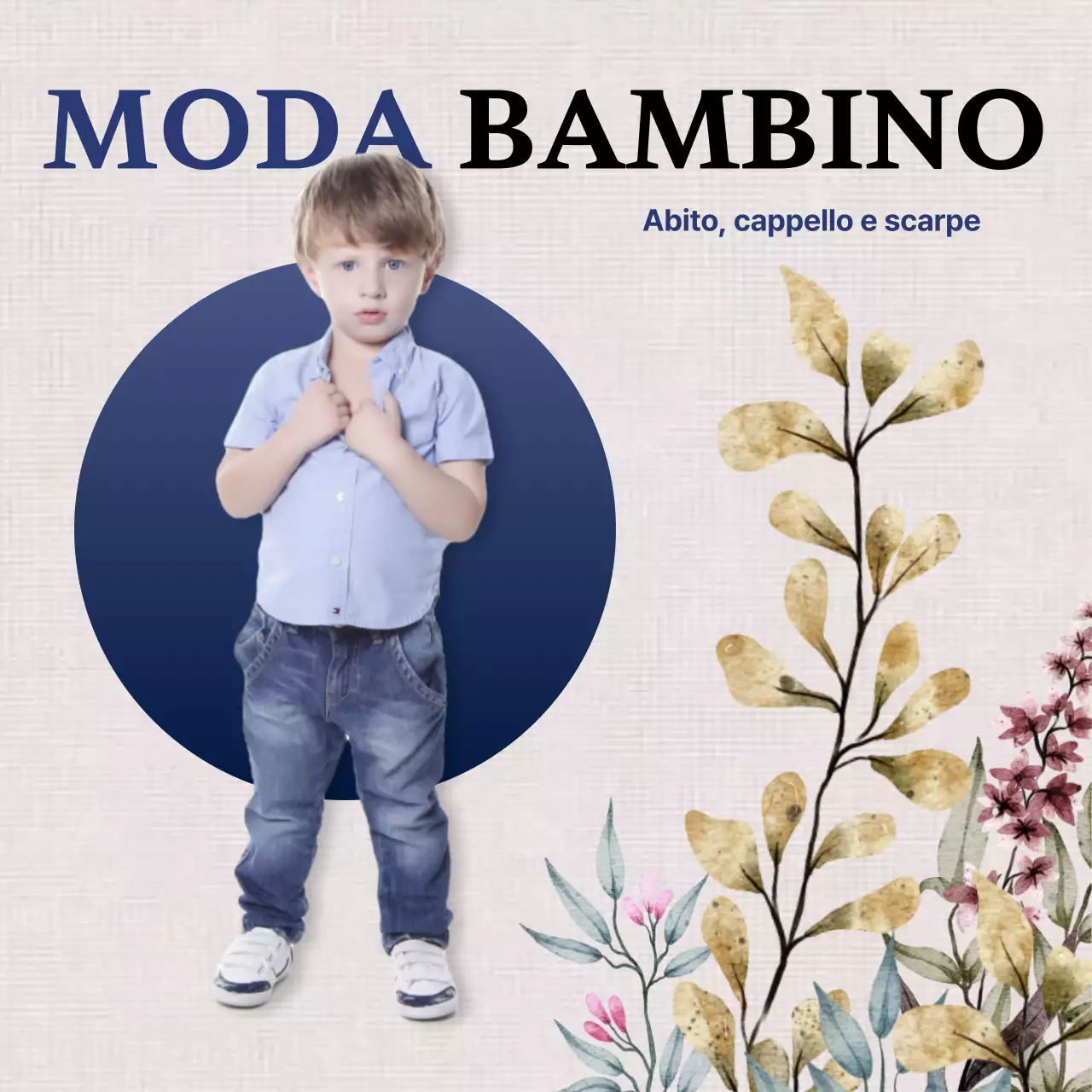 Volantino moda bambino moderno blu e beige