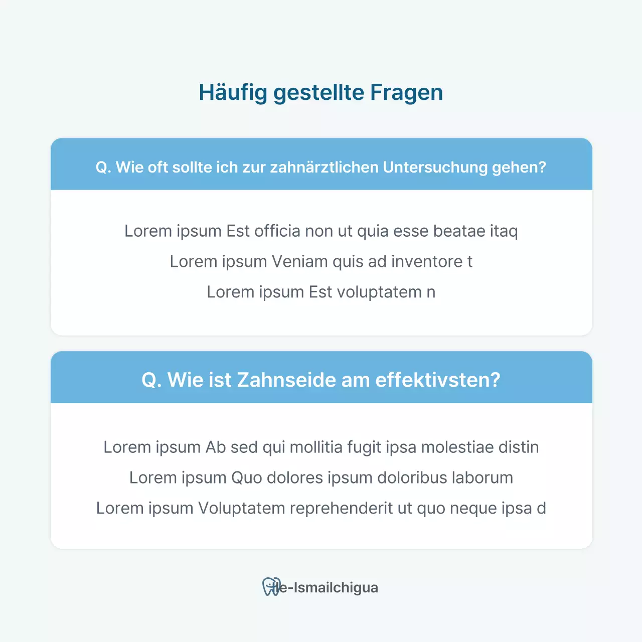 Eine einfache Zahnarztpraxis in Weiß und Hellblau zur Werbung für die Praxis Q&APromotion der Praxis