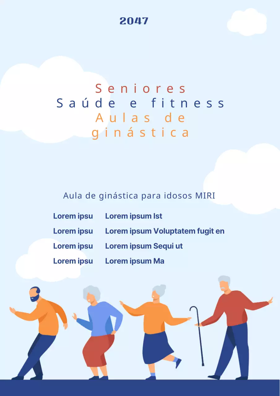 Um folheto simples, em tons de azul, para uma aula de ginástica para seniores.