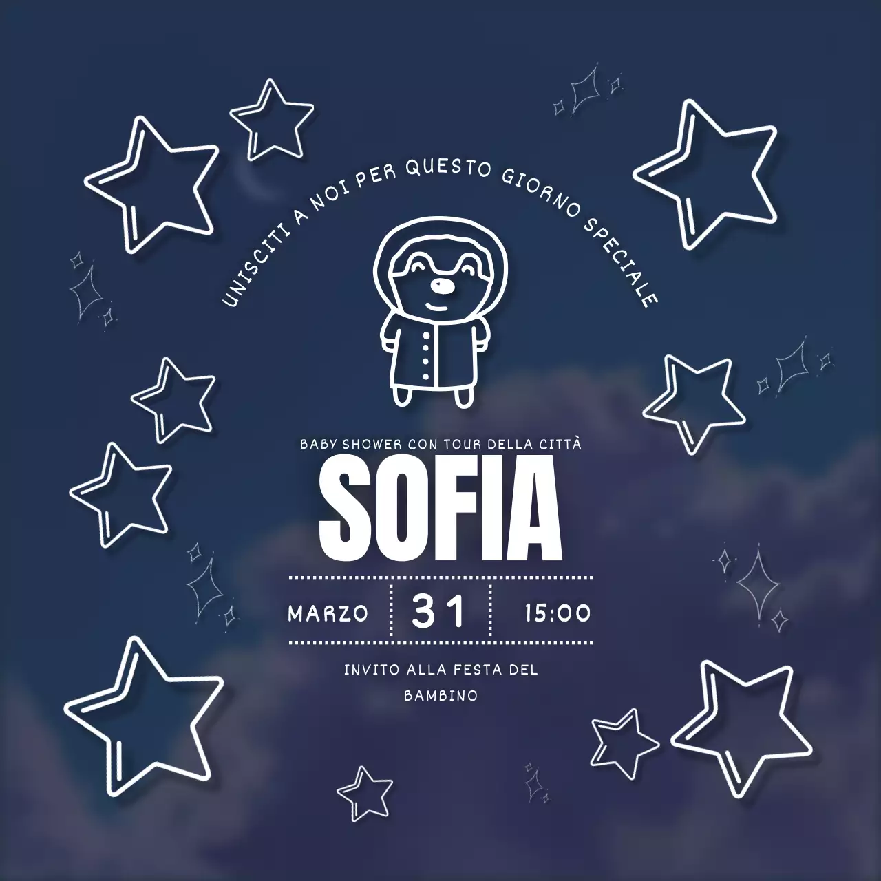 Invito per baby shower con ghirigori blu e bianchi