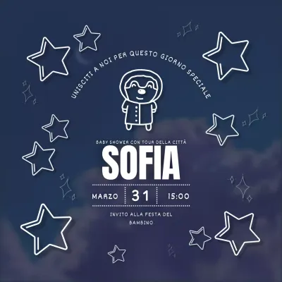 Invito per baby shower con ghirigori blu e bianchi