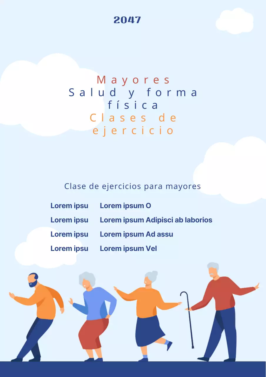 Un sencillo folleto en tonos azules para una clase de ejercicios para mayores.