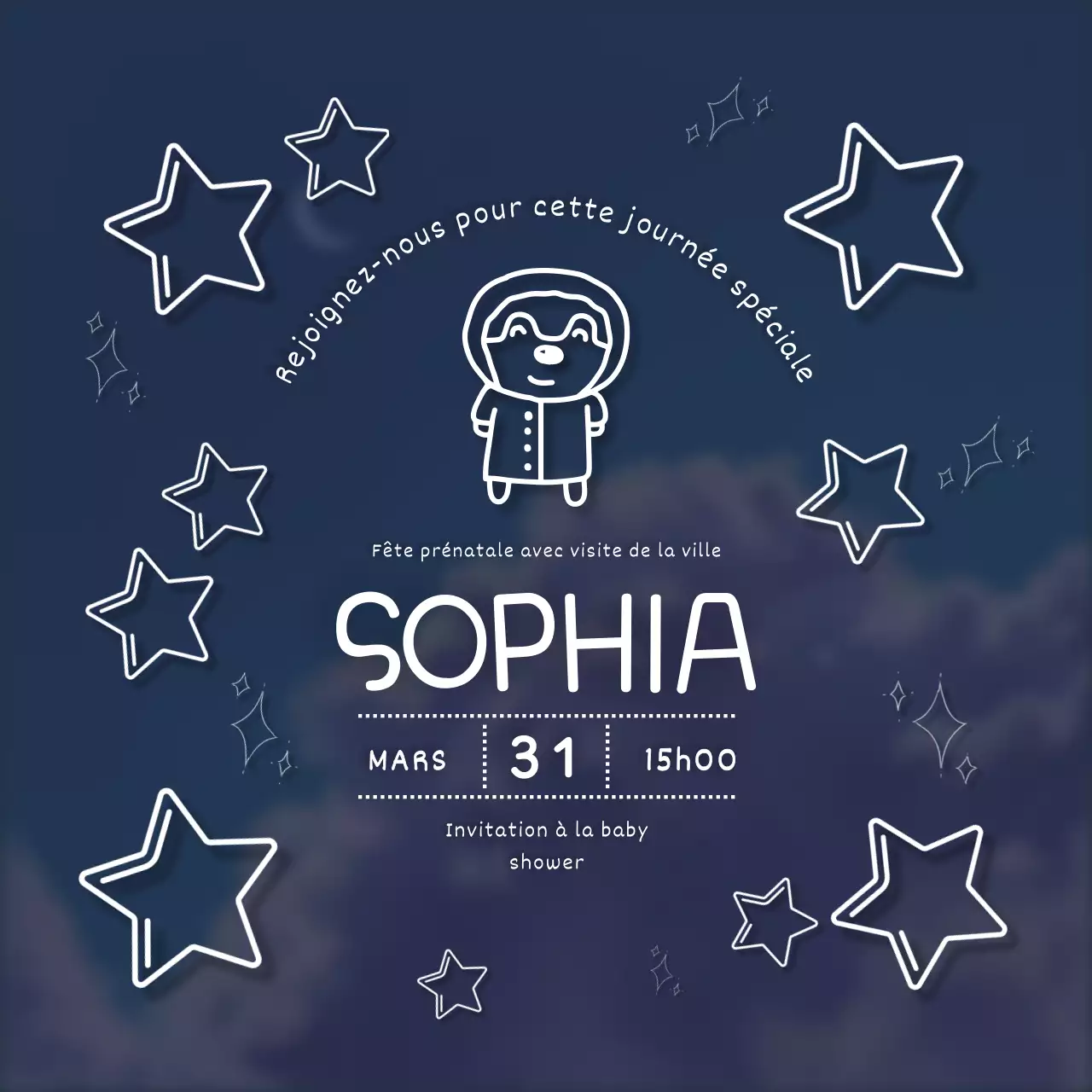 Invitation à la fête de bébé en bleu et blanc avec des gribouillis ludiques