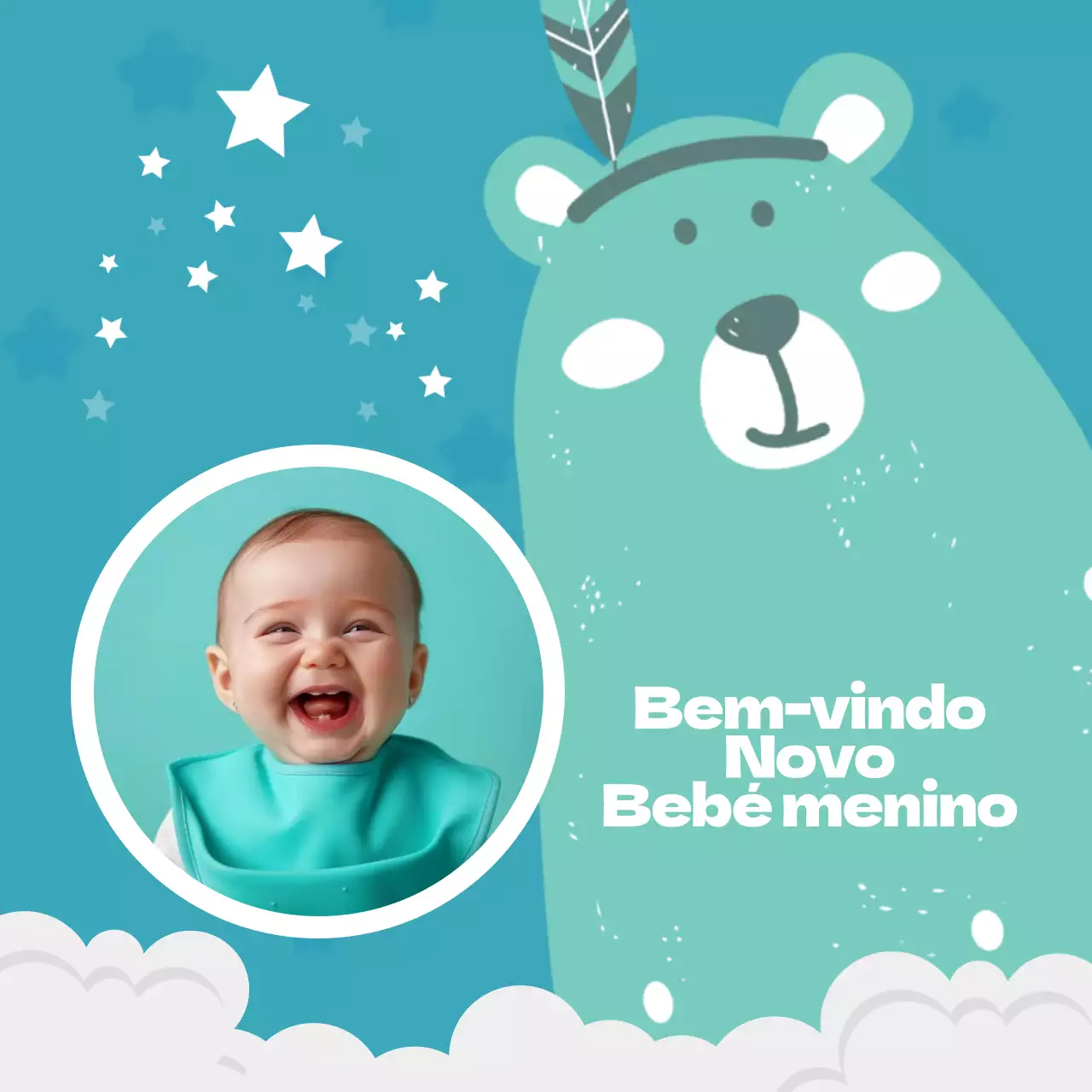 Anúncio de boas-vindas a um bebé menino azul e branco
