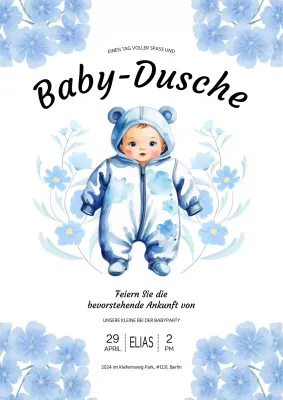 Himmelblau und Weiß Skurrile Illustration Baby Shower Einladung