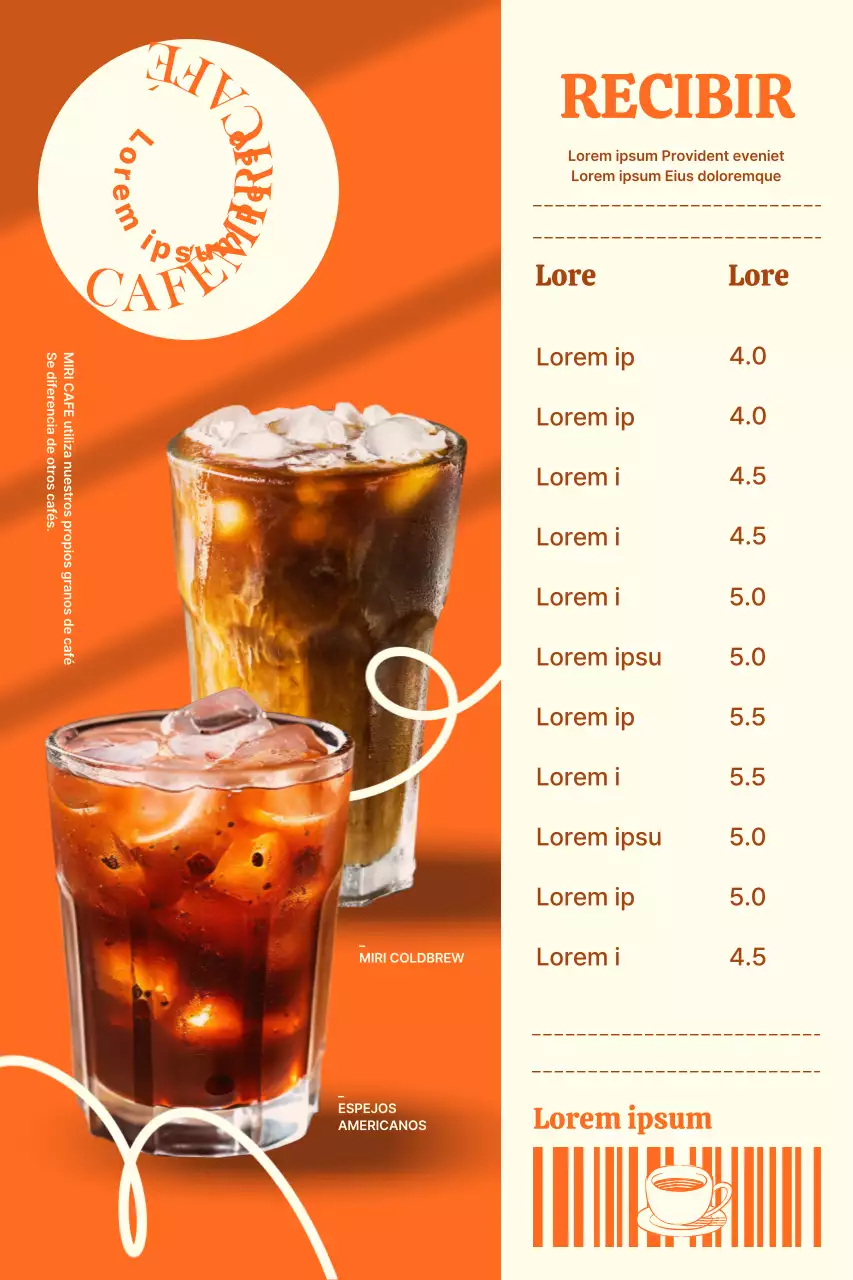 Banner de promoción y menú de café con fondo naranja