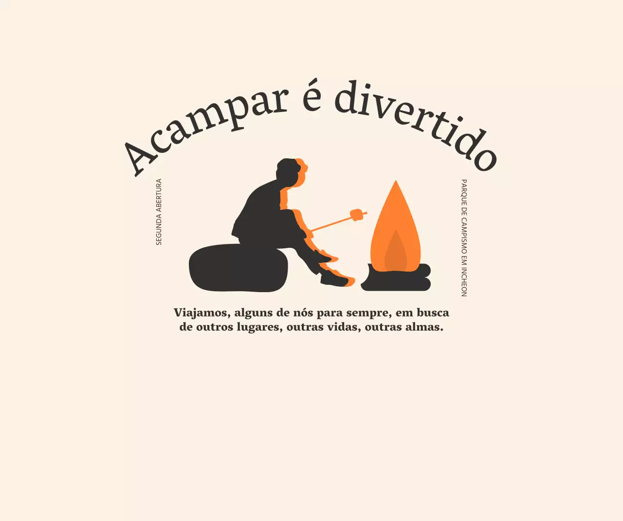 Desenho de acampamento com ilustração de uma pessoa a assar marshmallows