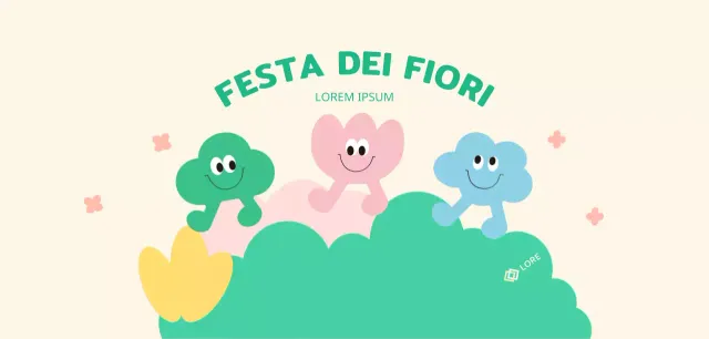 Un festival floreale dai colori vivaci con simpatici personaggi e fiori, nuvole ed erba.